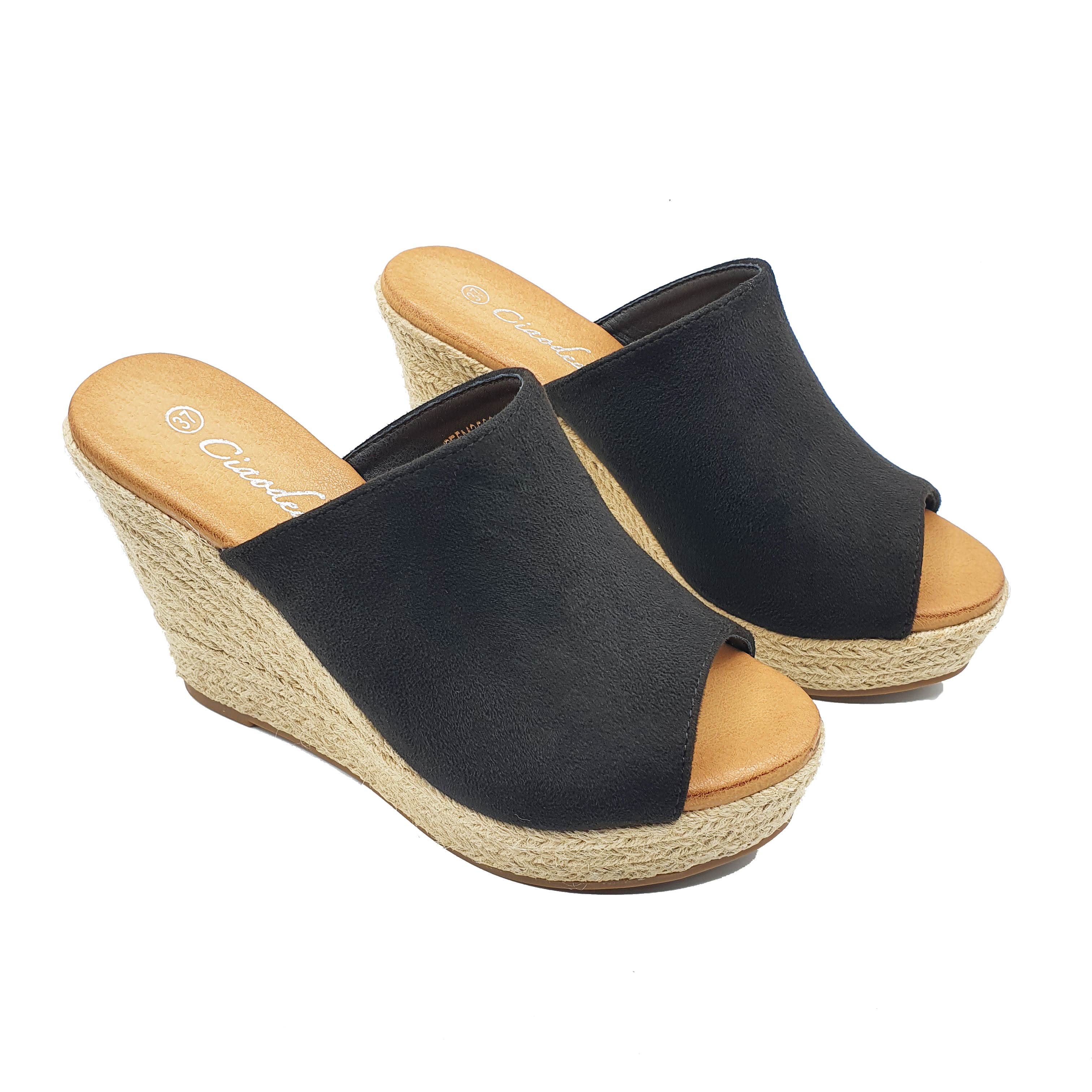 scarpe estive da donna aperte zeppa alta plateau sabot espadrillas camoscio nere tacco alto con punta aperta